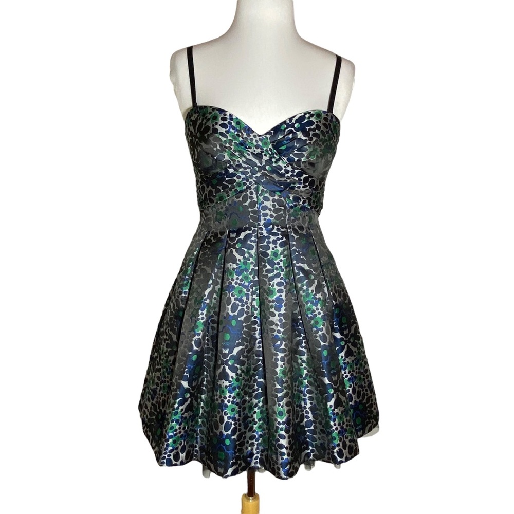 BCBGMAXAZRIA Floral Ruffled Short Fit & Flare Dress Size 0 XS Green Blue Silver